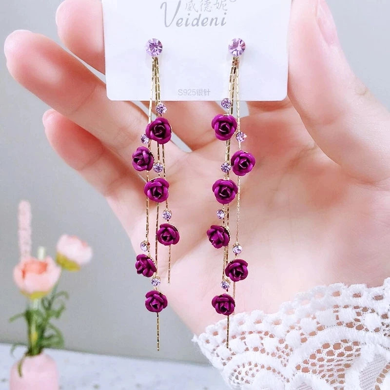 New Korean Flower Asymmetrical Dangle Earrings for Women Long Tassel Butterfly Imitation Pearl Cat Drop Earring Party Jewelry