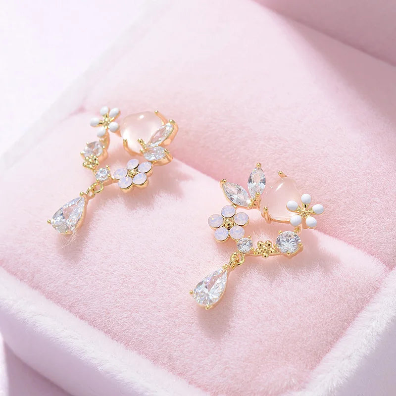Exquisite Pearl Moon Asymmetric Water Drop Earrings For Women Korean Fashion Butterfly Flower Zircon Earring Wedding Jewelry
