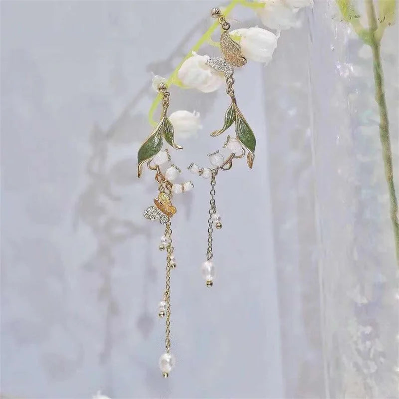 New Korean Flower Asymmetrical Dangle Earrings for Women Long Tassel Butterfly Imitation Pearl Cat Drop Earring Party Jewelry