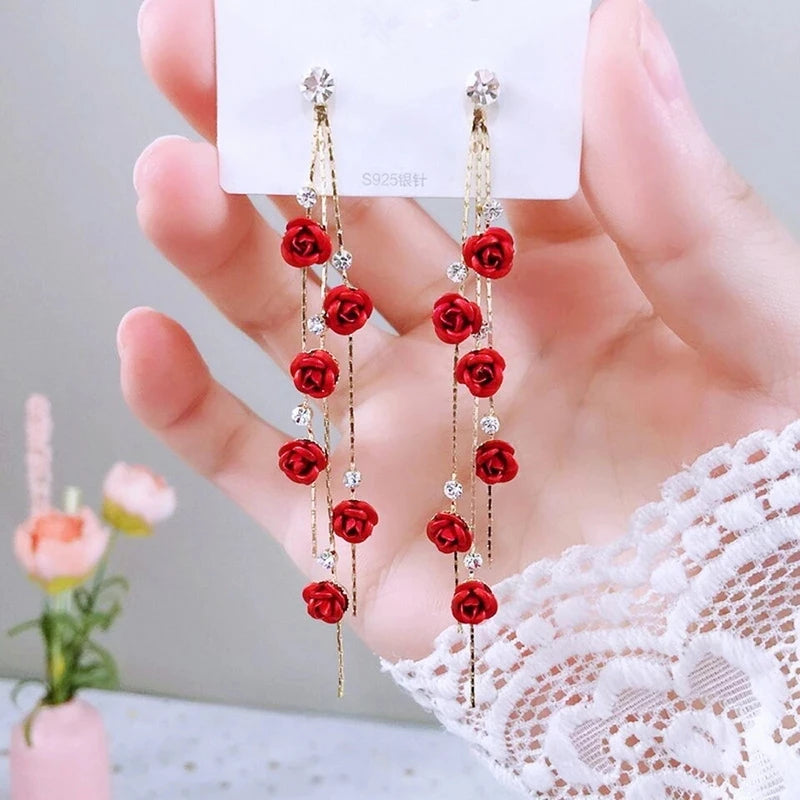 New Korean Flower Asymmetrical Dangle Earrings for Women Long Tassel Butterfly Imitation Pearl Cat Drop Earring Party Jewelry