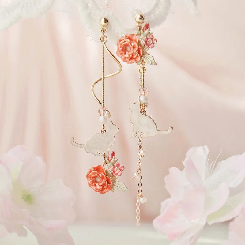 New Korean Flower Asymmetrical Dangle Earrings for Women Long Tassel Butterfly Imitation Pearl Cat Drop Earring Party Jewelry