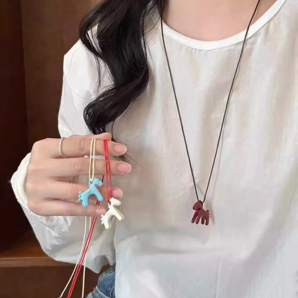 New Trendy Enamel Drip Glaze Colorful Horse Pendant Long Necklace for Women Adjustable Sweater Chain Simple Jewelry Accessories