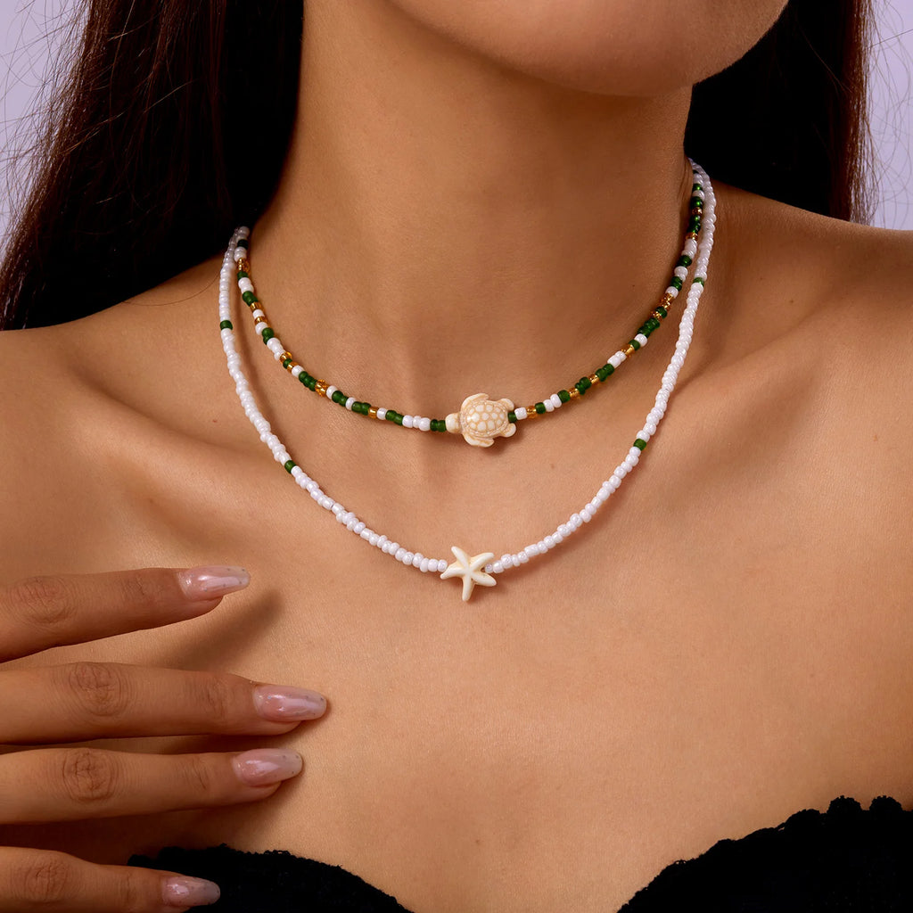 Bohemian Double Beaded Starfish Turtle Pendant Necklace for Women Colorful  Seed Bead Clavicle Chain Choker Beach Party Jewelry