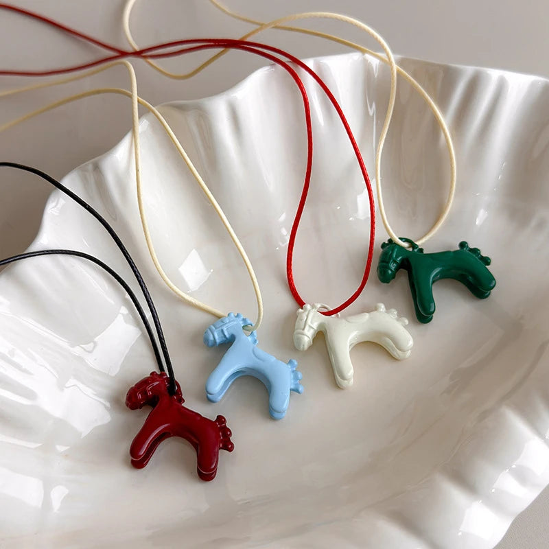 New Trendy Enamel Drip Glaze Colorful Horse Pendant Long Necklace for Women Adjustable Sweater Chain Simple Jewelry Accessories