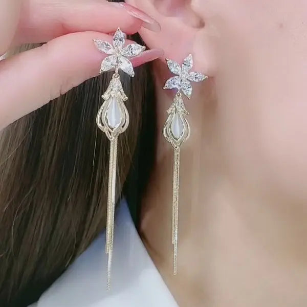 Green Shiny Zircon Flower Drop Earrings For Women Luxury Crystal Long Tassel Ear Line Hanging Earring Girls Wedding Jewelry Gift