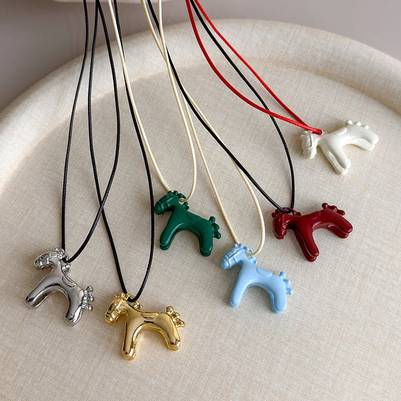 New Trendy Enamel Drip Glaze Colorful Horse Pendant Long Necklace for Women Adjustable Sweater Chain Simple Jewelry Accessories