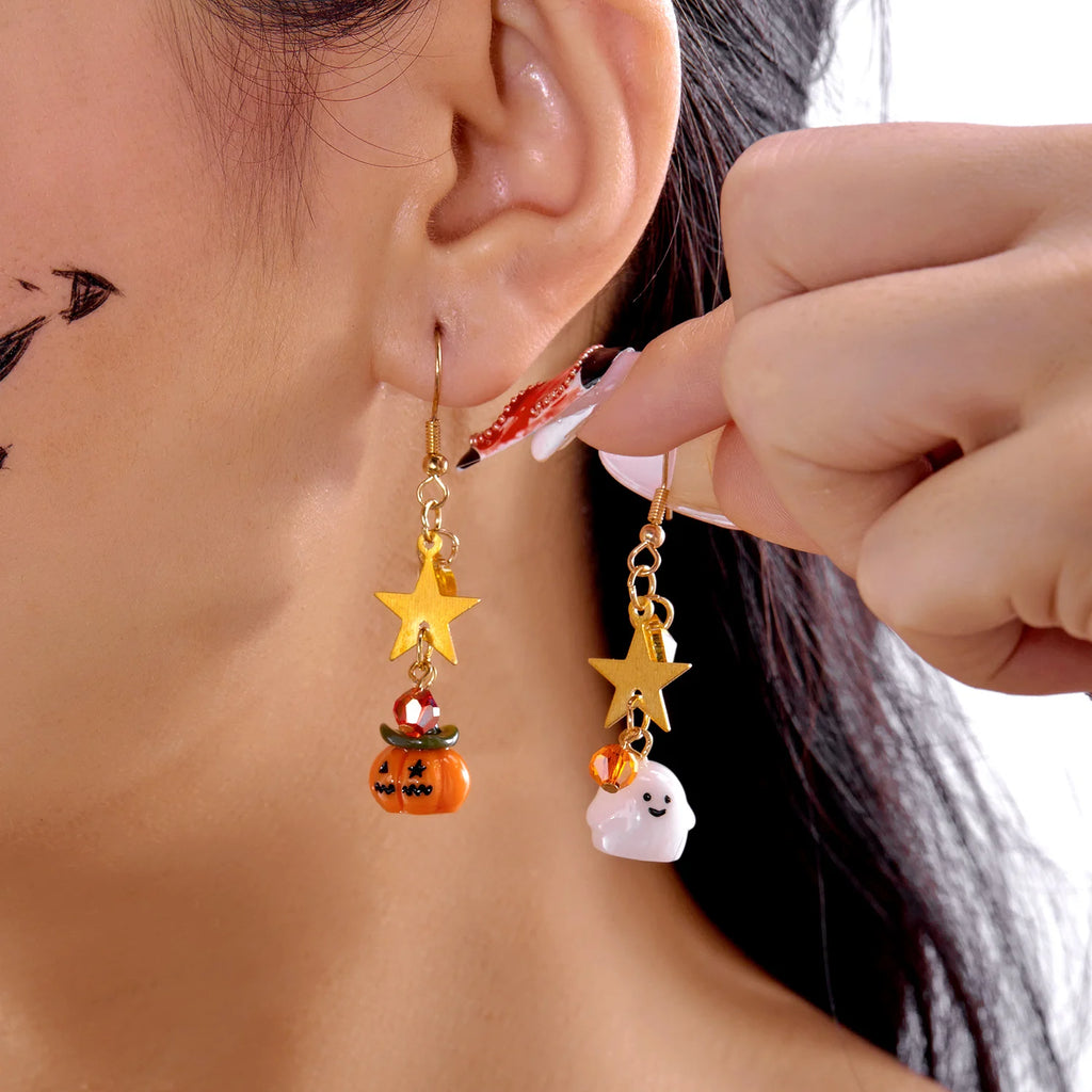 Cute Halloween Dangle Earrings for Women Cartoon Ghost Pumpkin Star Asymmetrical Long Tassel Earrings Party Statement Jewelry