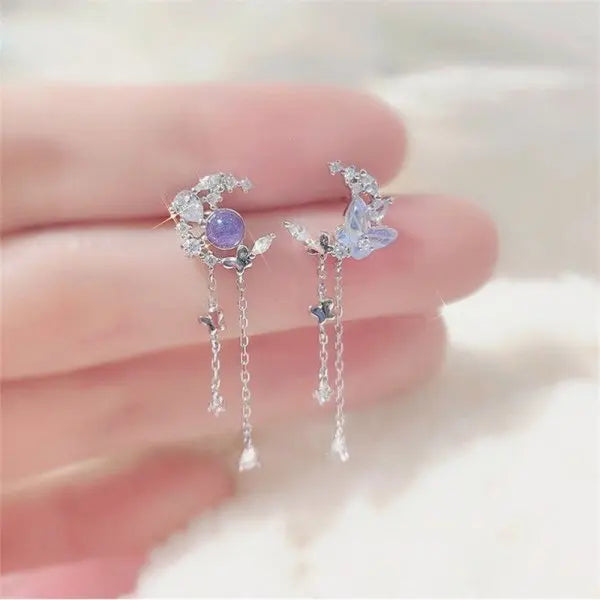 Exquisite Pearl Moon Asymmetric Water Drop Earrings For Women Korean Fashion Butterfly Flower Zircon Earring Wedding Jewelry