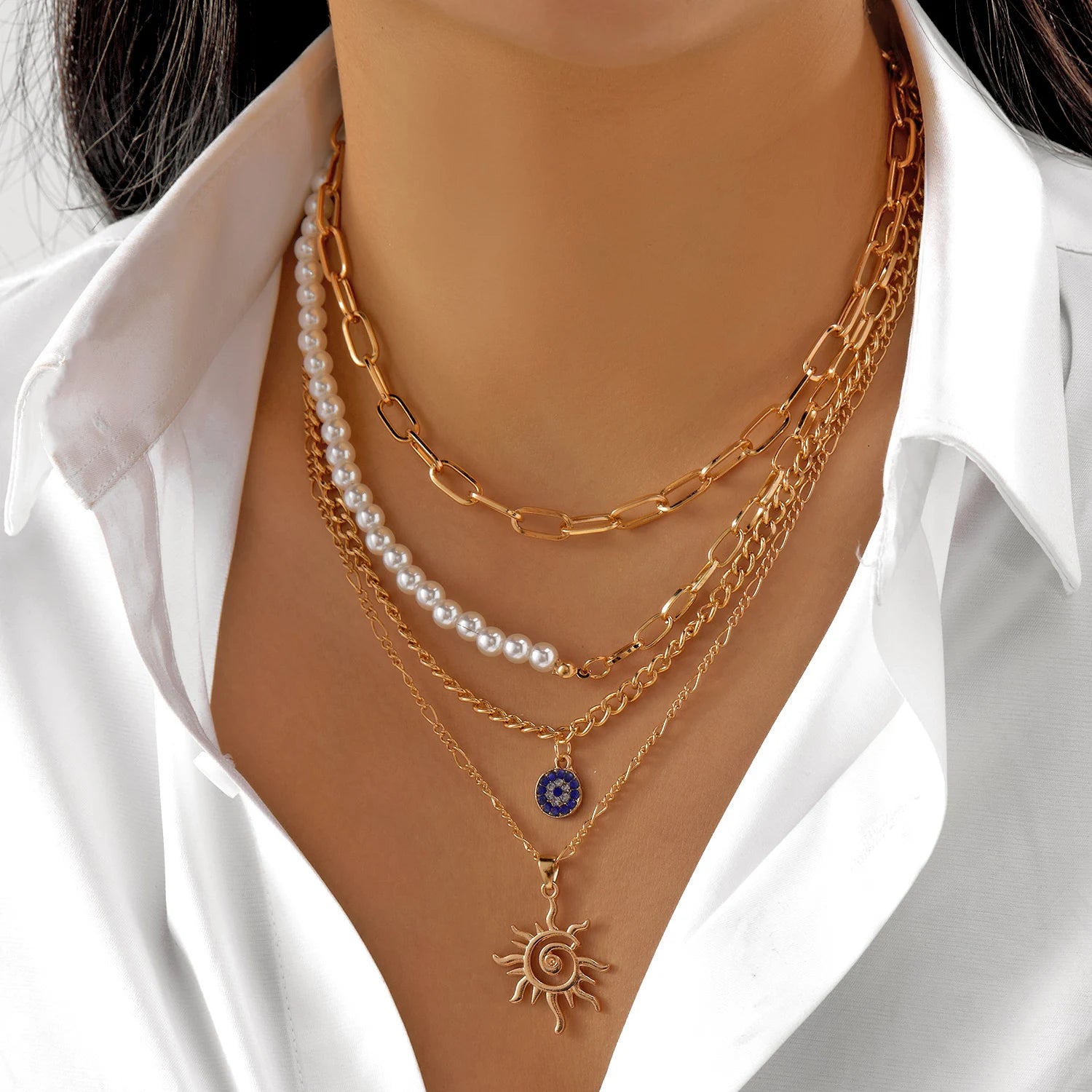 Classic Pendant Necklace for Women Micro Zircon Turkish Lucky Evil Eyes Palm Cross Pearl Multilayer Metal Chain Choker Jewelry