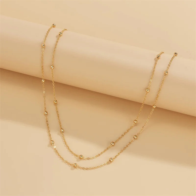 Vintage Gold Color Double Layered Necklace for Women Simple Crystal Zircon Metal Long Tassel Beads Chain Choker Party Jewelry