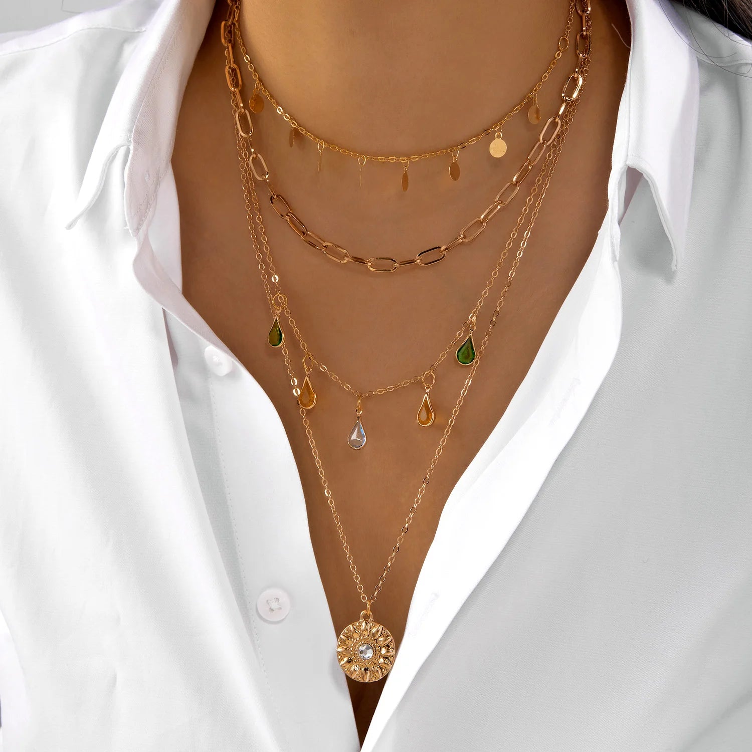 Classic Pendant Necklace for Women Micro Zircon Turkish Lucky Evil Eyes Palm Cross Pearl Multilayer Metal Chain Choker Jewelry