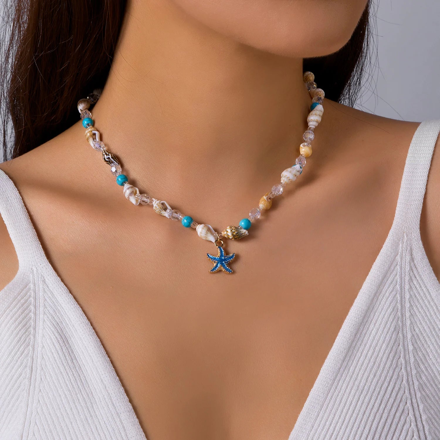 Bohemian Mixed Color Rice Beads Necklace for Women Sea Shell Starfish Conch Pendant Beaded Clavicle Choker Beach Party Jewelry
