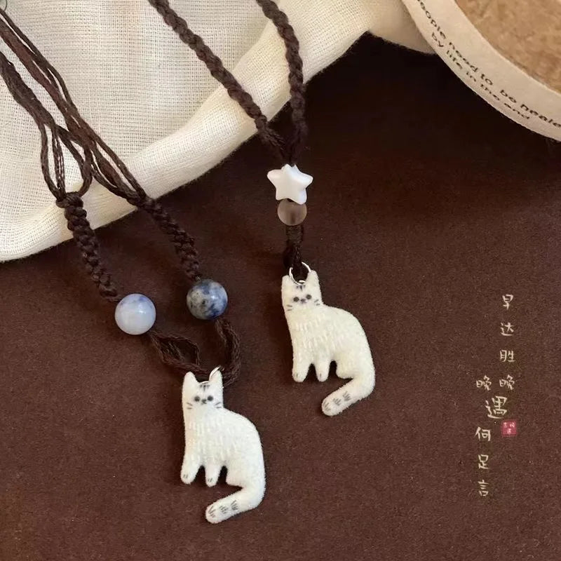 New Creative Cute Retro Cat Pendant Necklace For Women Retro Ethnic Style Kitten Star Beads Rope Chain Choker Party Jewelry Gift