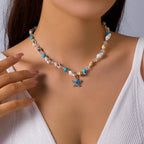Bohemian Mixed Color Rice Beads Necklace for Women Sea Shell Starfish Conch Pendant Beaded Clavicle Choker Beach Party Jewelry