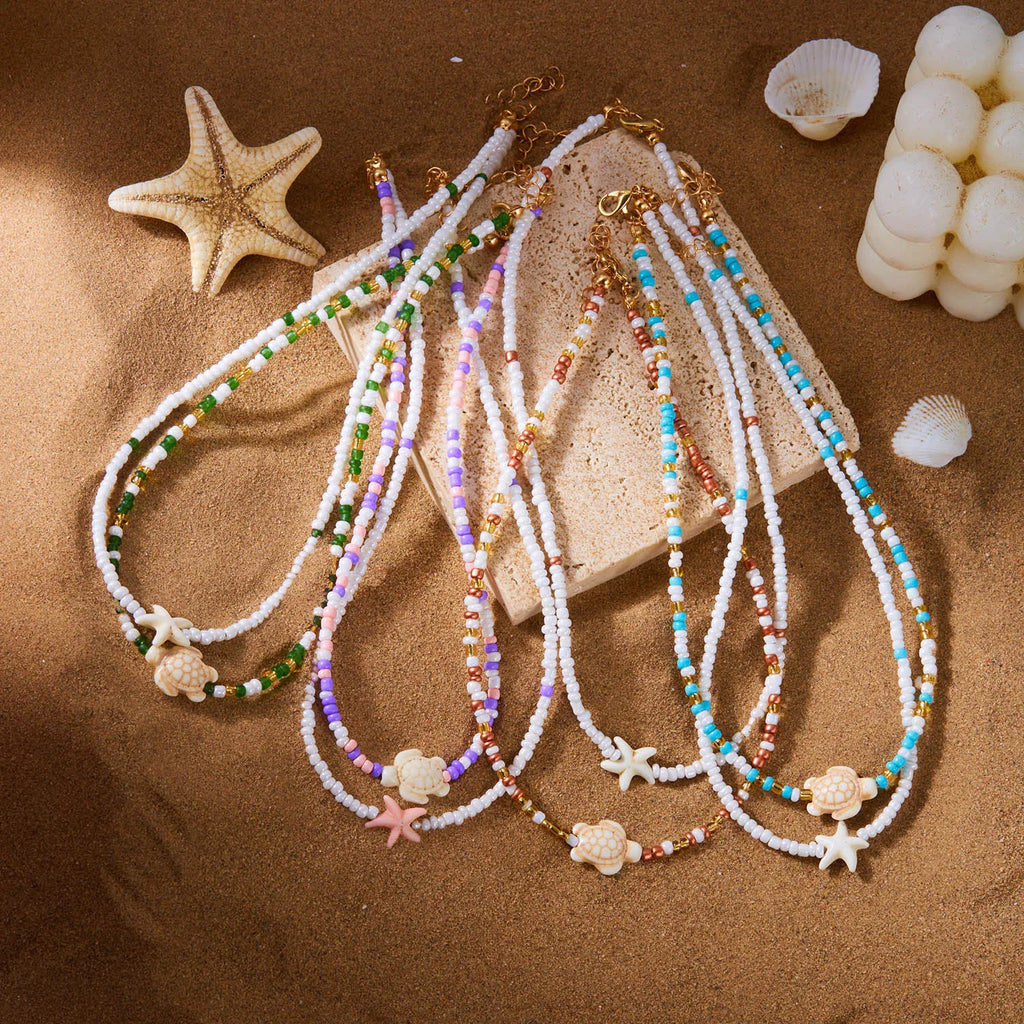 Bohemian Double Beaded Starfish Turtle Pendant Necklace for Women Colorful  Seed Bead Clavicle Chain Choker Beach Party Jewelry