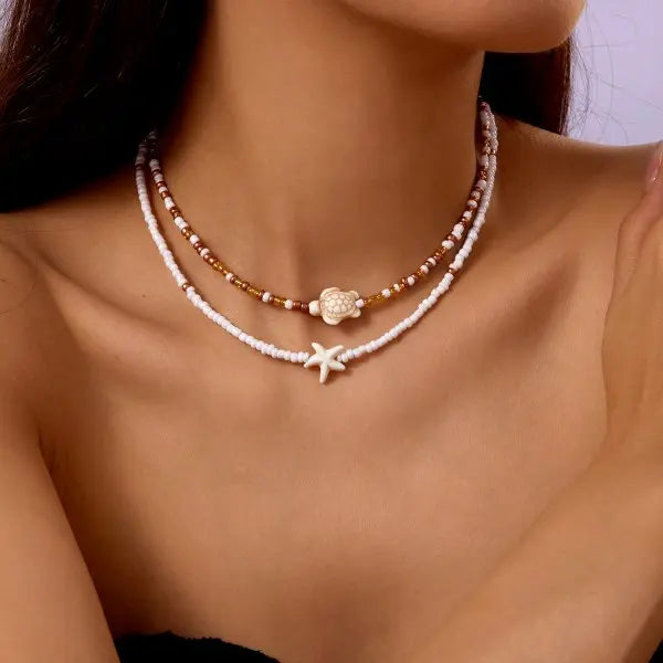 Bohemian Double Beaded Starfish Turtle Pendant Necklace for Women Colorful  Seed Bead Clavicle Chain Choker Beach Party Jewelry