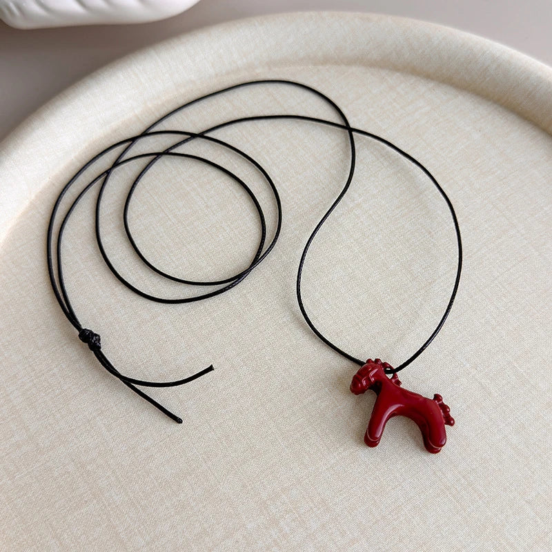 New Trendy Enamel Drip Glaze Colorful Horse Pendant Long Necklace for Women Adjustable Sweater Chain Simple Jewelry Accessories