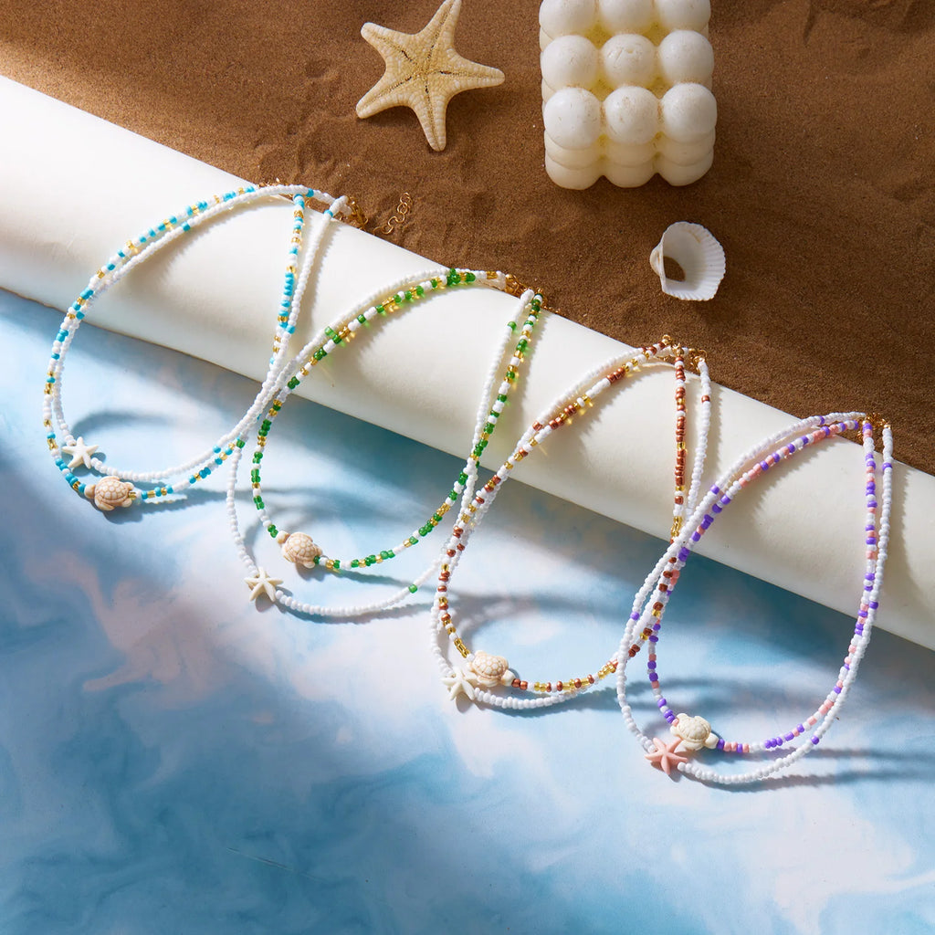 Bohemian Double Beaded Starfish Turtle Pendant Necklace for Women Colorful  Seed Bead Clavicle Chain Choker Beach Party Jewelry