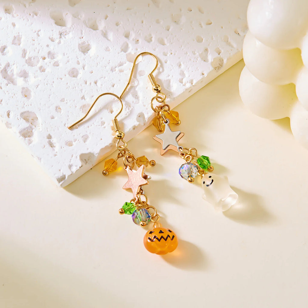 Cute Halloween Dangle Earrings for Women Cartoon Ghost Pumpkin Star Asymmetrical Long Tassel Earrings Party Statement Jewelry